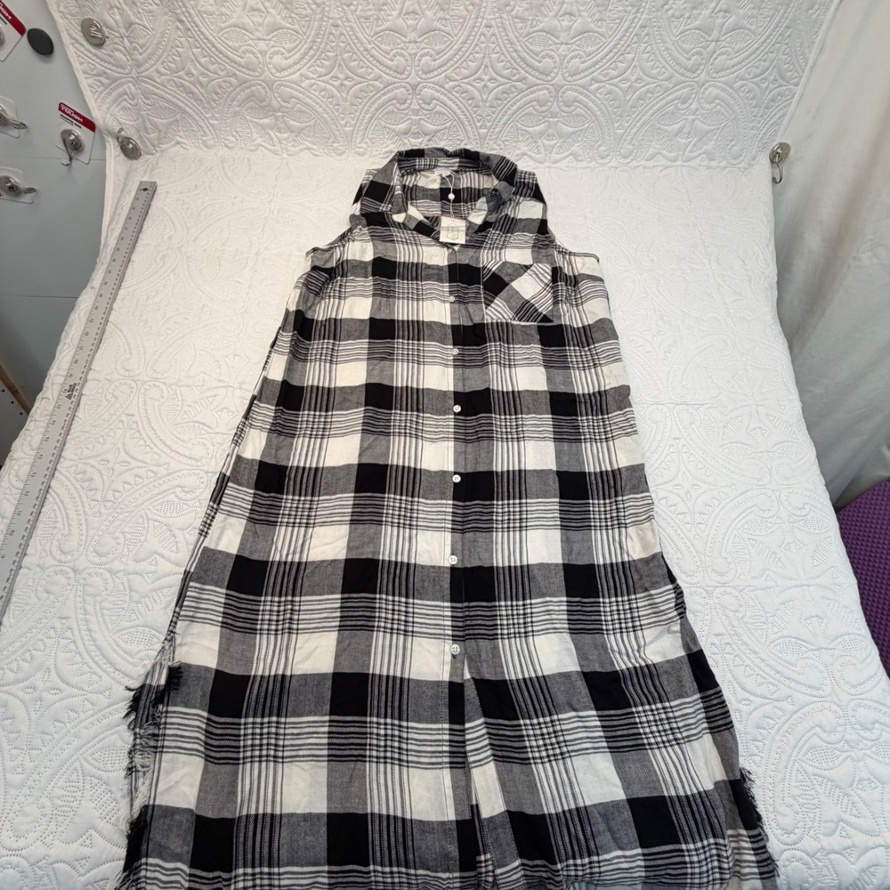 Mud Pie Lou Buttondown Dress Black White Plaid Sleeveless Maxi Frayed Hem L NEW